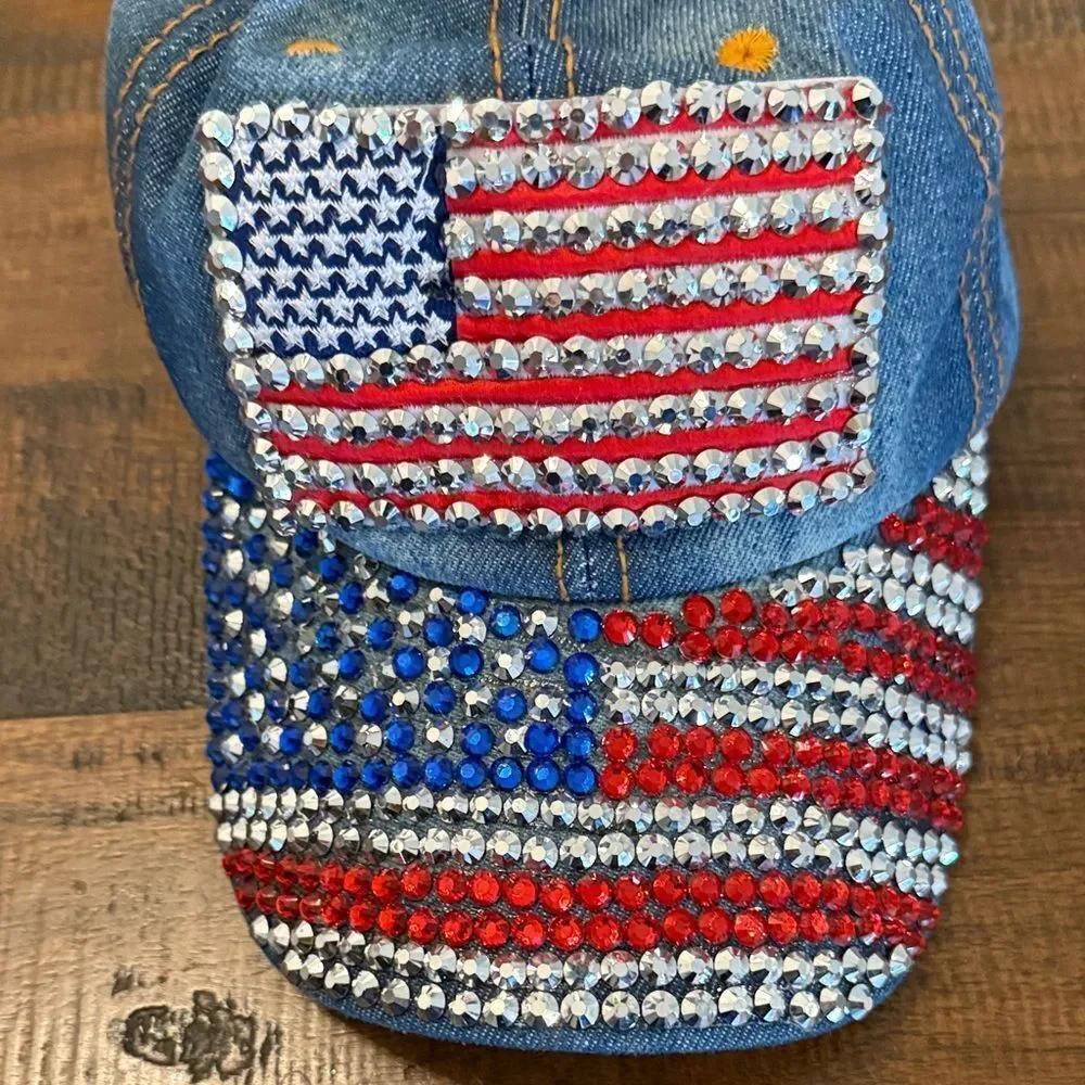 Denim Cap with American Flag Rhinestones - Picture 7 of 7